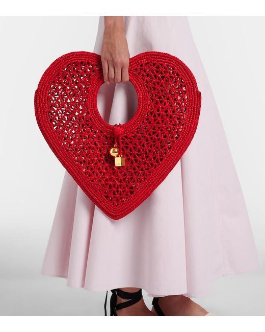 Jacquemus Red Spiaggia Cour Small Raffia Top-Handle Bag