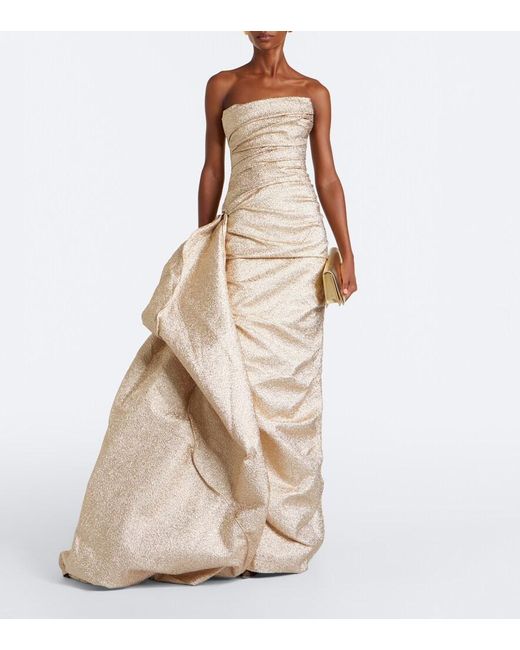 Marmar Halim Natural Draped Pleated Brocade Bustier Gown