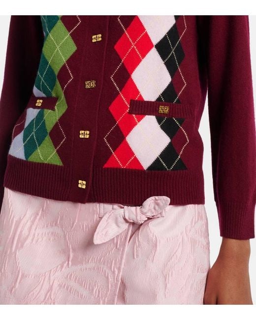 Ganni Red Argyle Wool And Cashmere Cardigan