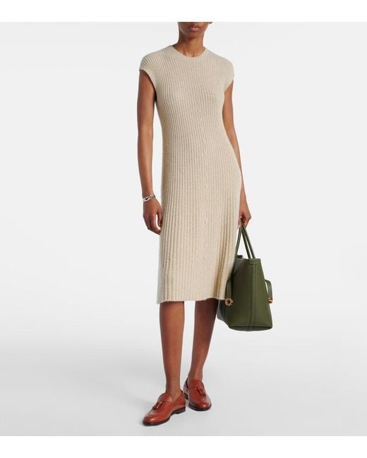 Loro Piana Natural Ribbed-Knit Cashmere Midi Dress