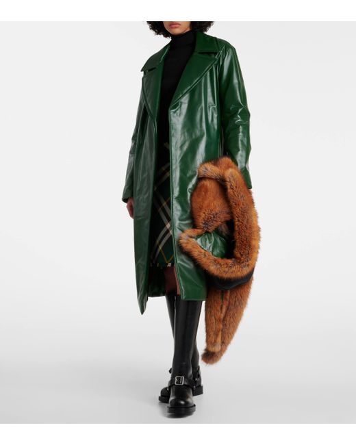 Burberry Green Faux Fur-trimmed Leather Coat