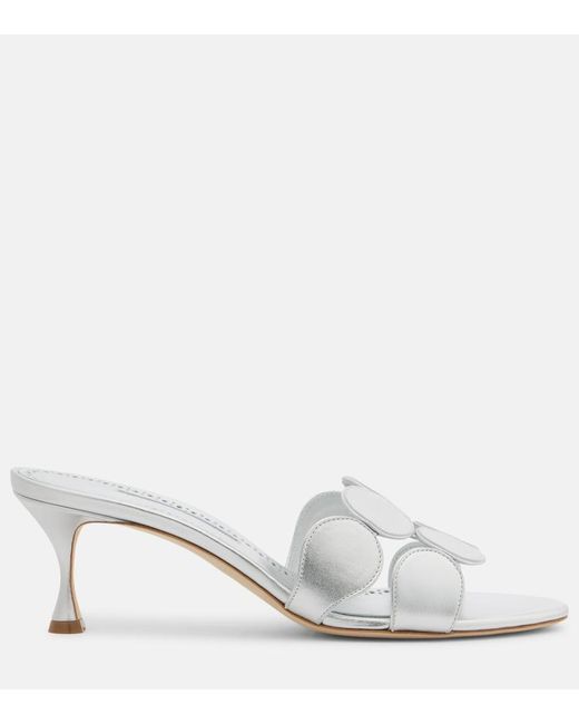Manolo Blahnik White Haribalmu 50 Metallic Leather Mules