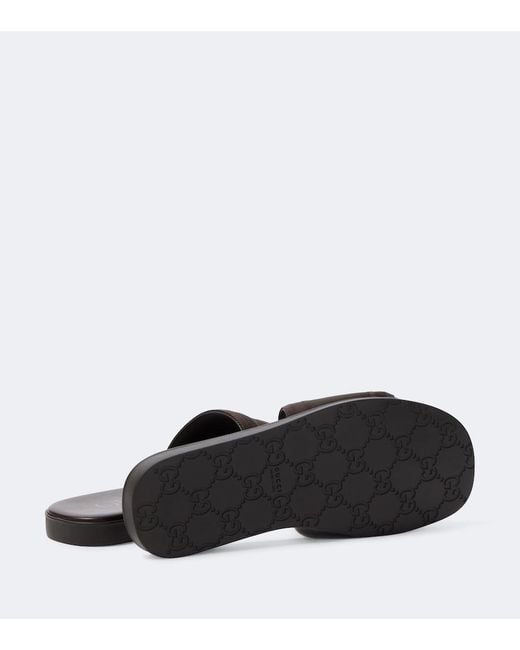 Gucci Brown Logo Canvas And Leather Slides for men