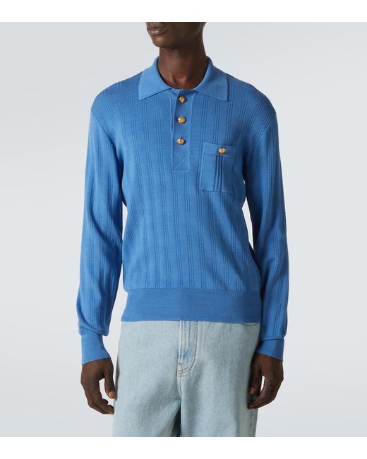 Valentino Blue Ribbed-Knit Cotton Polo Sweater for men