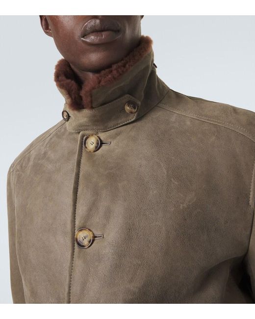 Brunello Cucinelli Green Shearling-Lined Leather Blouson Jacket for men