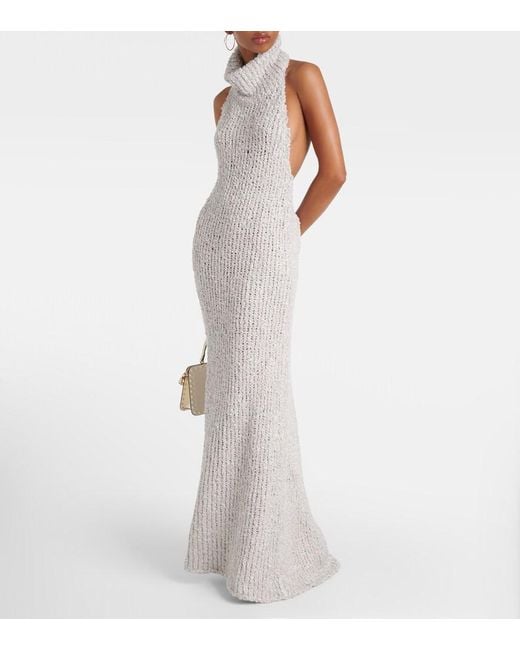 Valentino White Turtleneck Silk Boucle Maxi Dress