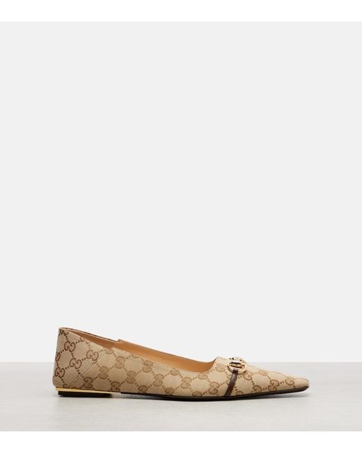 Gucci Natural Vittoria Horsebit Gg Canvas Ballet Flats