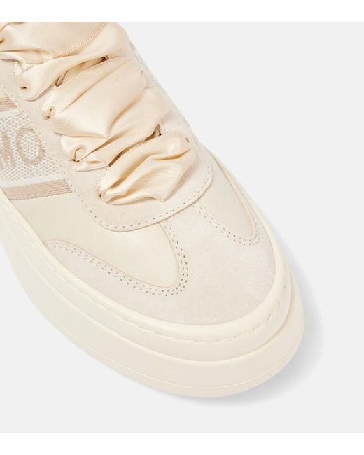 Ferragamo Natural Plateau-Sneakers Aus Leder Mit Veloursleder