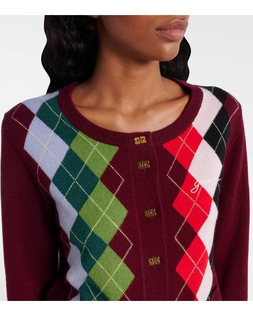Ganni Red Argyle Wool And Cashmere Cardigan