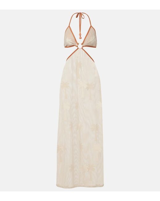 Johanna Ortiz White Embroidered Cutout Mesh Maxi Dress