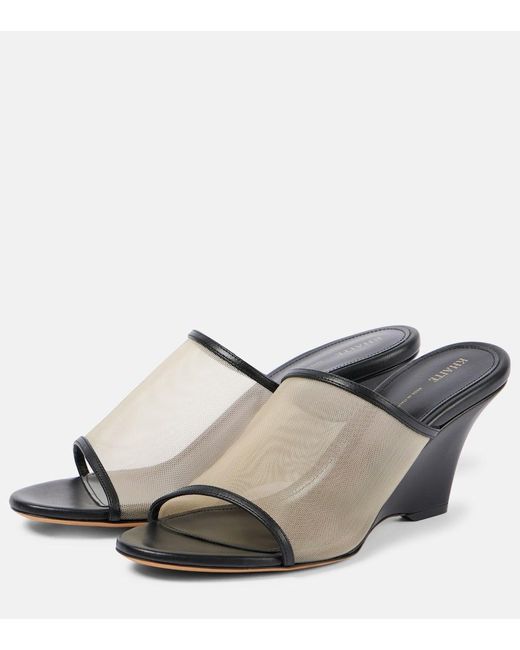 Khaite Gray Marion Leather And Mesh Wedge Mules