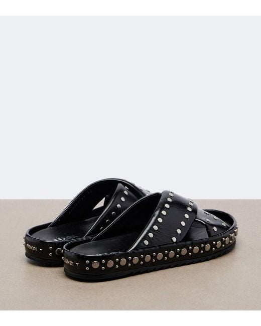Fendi Black Studded Leather Slides