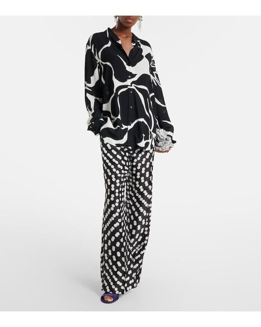 Dries Van Noten White Polka-Dot Silk Wide-Leg Pants