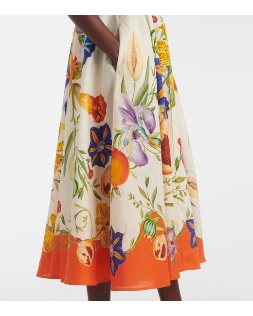ALÉMAIS Orange Bedrucktes Midikleid Flores Aus Leinen