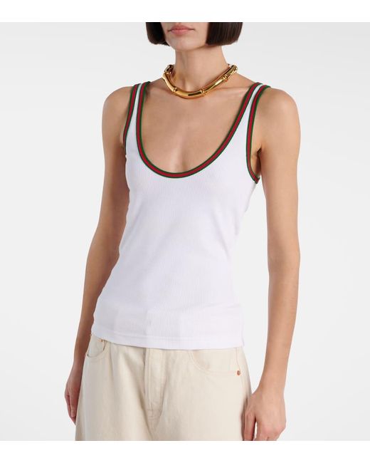 Gucci White Tanktop Aus Gerippter Baumwolle Mit Web, Größe