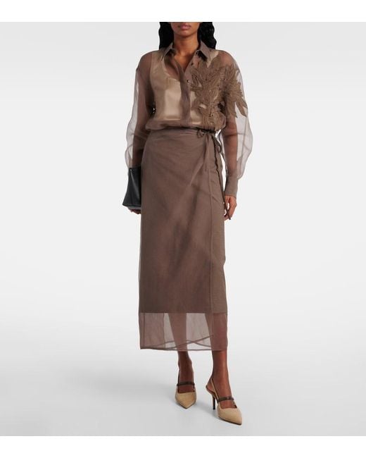 Brunello Cucinelli Brown Herbarium-Applique Silk Shirt