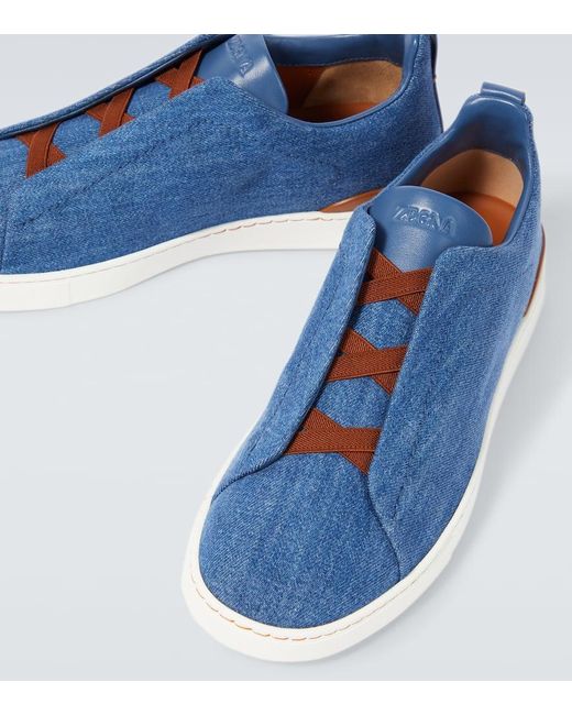Zegna Blue Triple Stitch Denim Sneakers for men