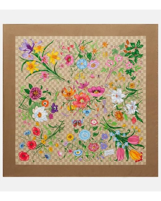 Gucci Green Gg Flora Silk Twill Scarf