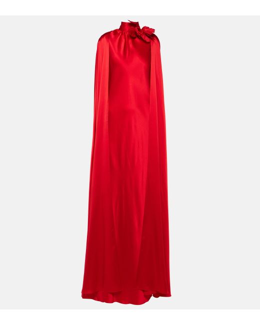 Rodarte Red Floral-applique Caped Silk Gown