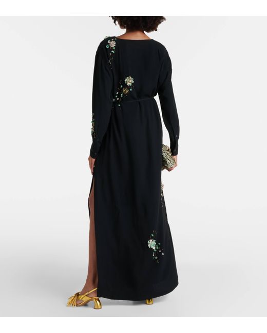Dries Van Noten Black Embroidered Crepe Satin Gown