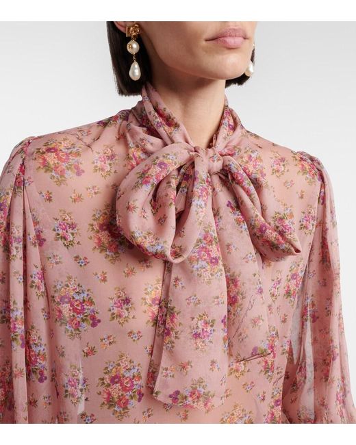 Dolce & Gabbana Pink Floral Tie-Neck Silk Blouse