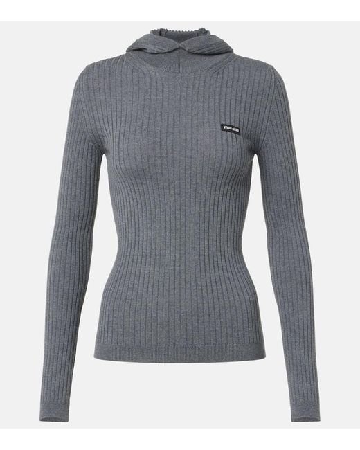 Jersey Acanalado De Lana Con Capucha Miu Miu de color Gray