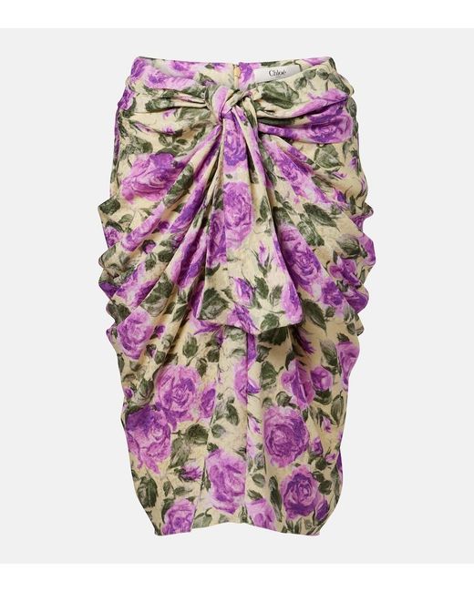 Chloé Pink Draped Floral Silk Midi Skirt