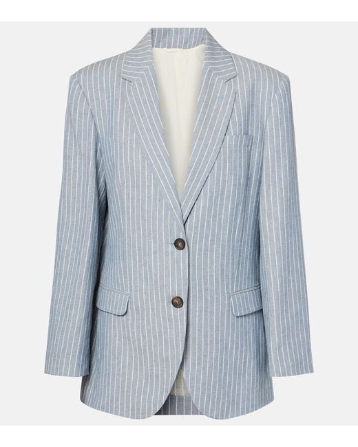 Brunello Cucinelli Blue Pinstripe Linen, Cotton, And Hemp Blazer