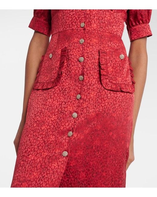 Alessandra Rich Red Leopard-Print Silk Jacquard Midi Dress