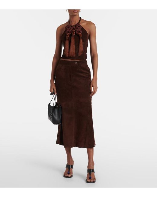 Johanna Ortiz Brown Mid-Rise Suede Midi Skirt