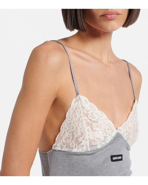 Miu Miu Gray Lace-Trimmed Silk Jersey Midi Dress