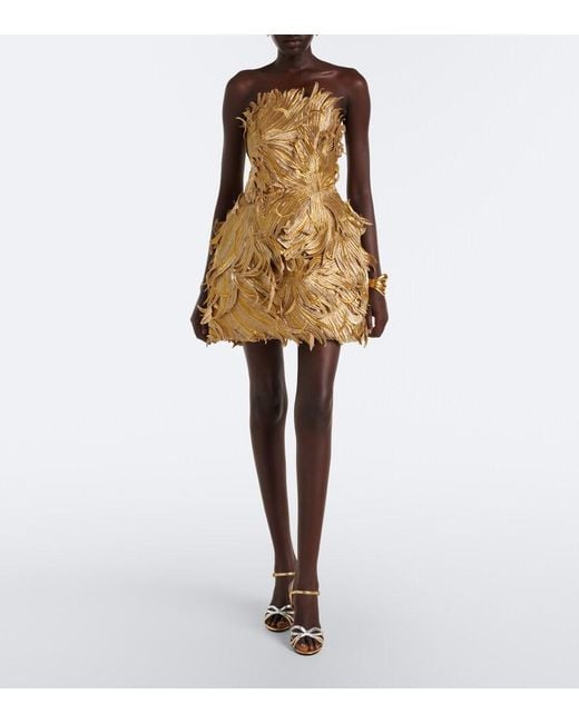 Oscar de la Renta Metallic Floral Applique Bustier Dress