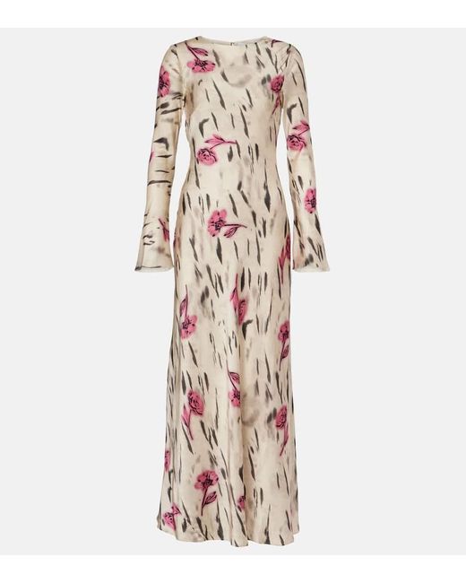 Ganni Natural Floral Open-Back Satin Maxi Dress