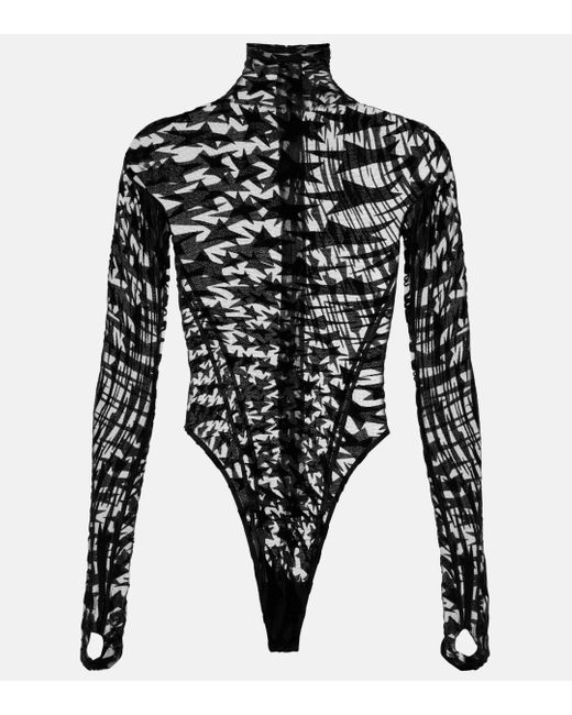 Mugler Black Printed Mesh Turtleneck Bodysuit