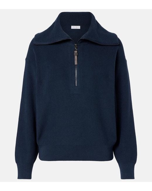 Brunello Cucinelli Blue Monili Cotton Half-Zip Sweater
