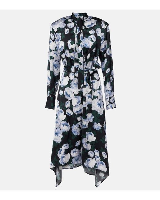 Stella McCartney Blue Floral Tie-Neck Satin Midi Dress