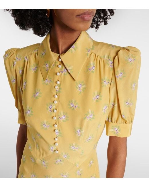 Alessandra Rich Yellow Floral Silk Midi Dress