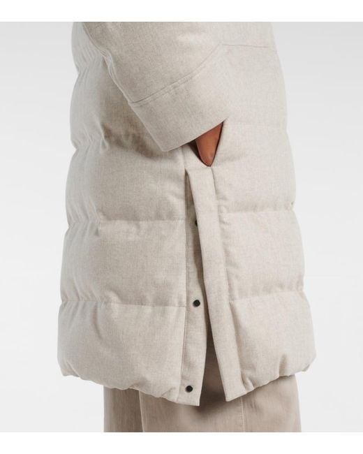 Brunello Cucinelli Gray Leather-Trimmed Wool Down Coat