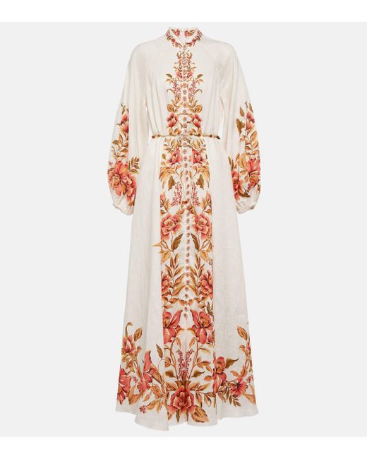 Zimmermann White Vacay Billow Belted Floral Linen Maxi Dress