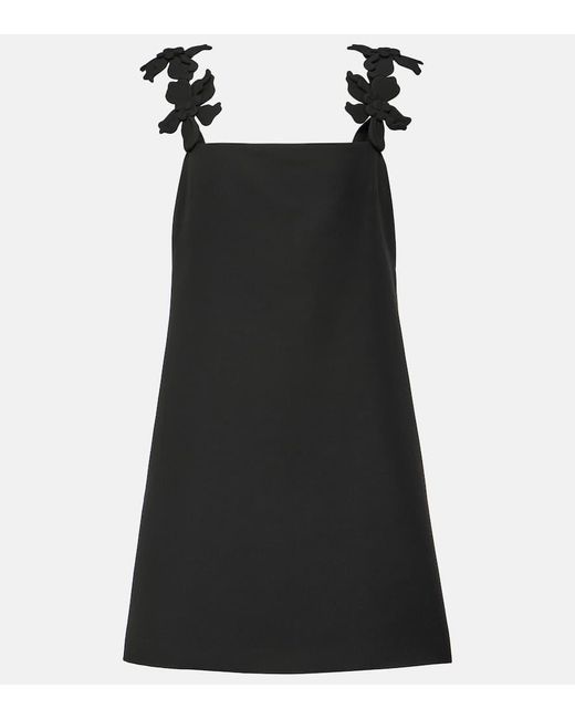 Valentino Black Floral-applique Wool And Silk Minidress