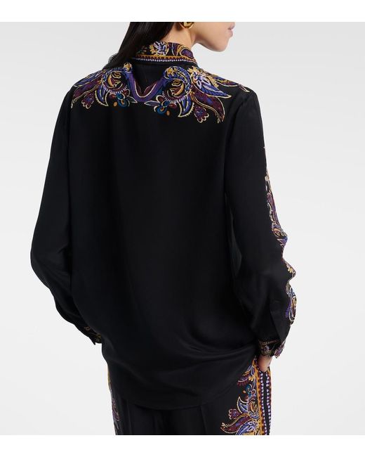Etro Black Silk Shirt With Placed Paisley Foliage Print