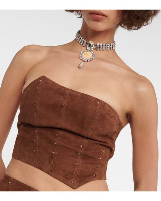 Alessandra Rich Brown Asymmetrical Strapless Suede Top