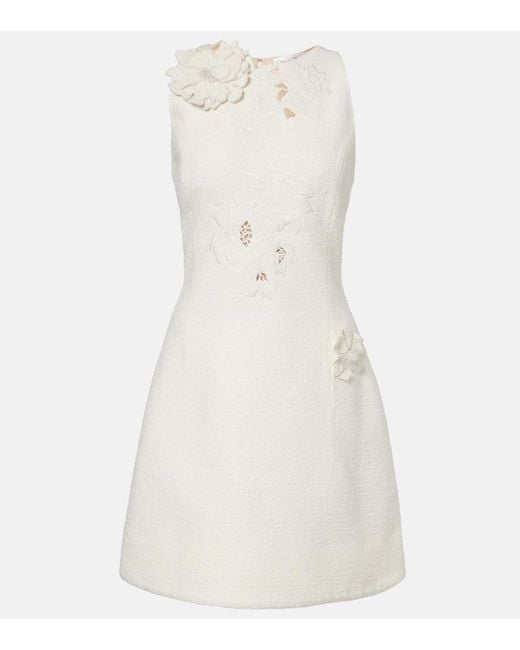 Oscar de la Renta White Embroidered Cotton-Blend Tweed Minidress