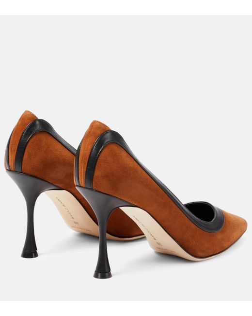 Manolo Blahnik Brown Dalina 90 Leather-trimmed Suede Pumps