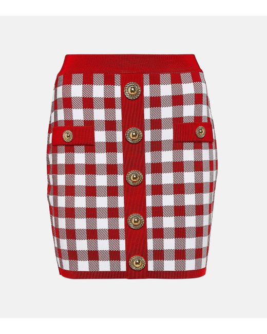 Balmain Red Gingham Knit Miniskirt