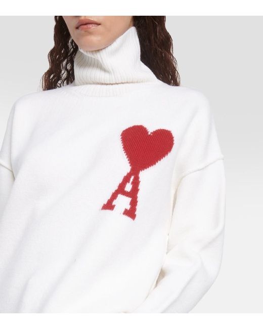 Ami Paris Ami De Cour Wool Turtleneck Sweater in White | Lyst