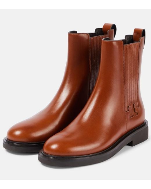 Tory Burch Brown T Monogram Leather Chelsea Boots