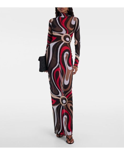 Emilio Pucci Red Printed Tulle-Trimmed Jersey Maxi Dress