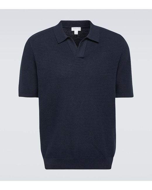 Sunspel Blue Knitted Cotton Polo Shirt for men