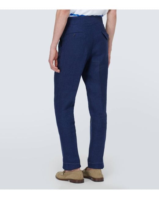 Pantalon droit en lin, soie et coton Ralph Lauren Purple Label pour homme en coloris Blue
